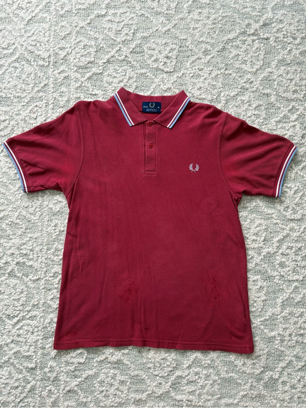 Fred Perry Men's Burgundy Polo with White & Ice Blue Twin Tipping